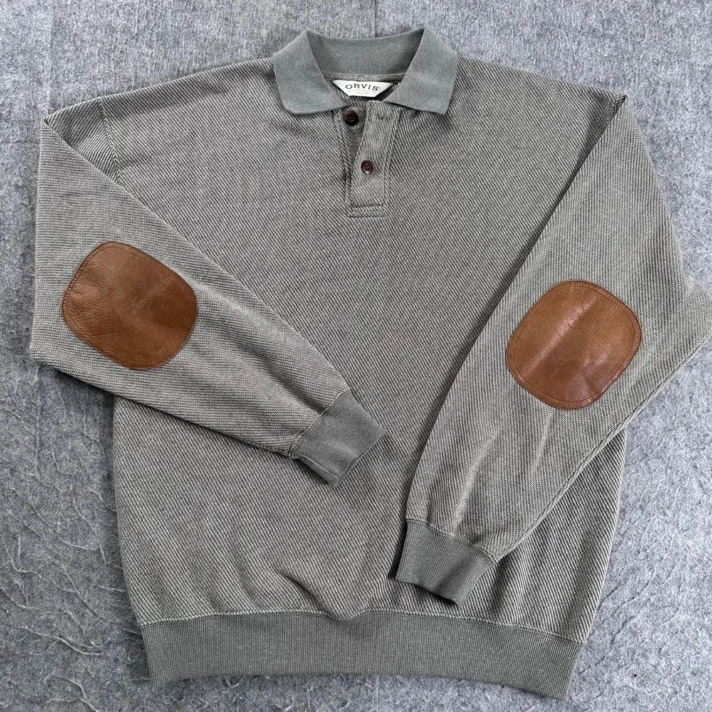 Orvis Mens Medium Elbow Patch Polo Sweatshirt Pullover Textured